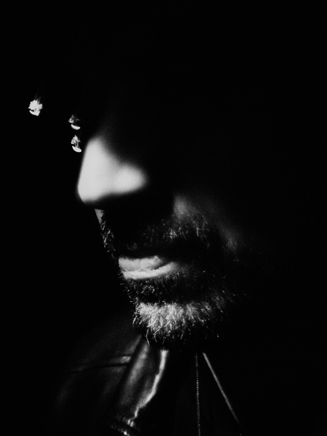 Close-up black-and-white portrait of Frankie Owls