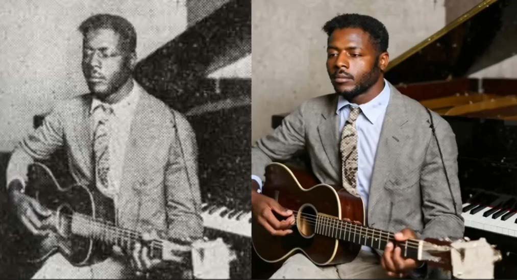 Historic black-and-white photo of Blind Willie Johnson beside an AI-generated color interpretation showing how he might look today. Created for Frankie Owls article on The Soul of a Man.